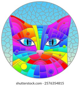 An illustration in the style of a stained glass window with a portrait of a bright abstract cat