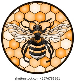 Illustration in the style of a stained glass window with an abstract bee, an animal on a honeycombs background, round image, tone brown