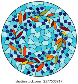 An illustration in the style of a stained glass window with a floral wreath, leaves and berries against the sky, round image