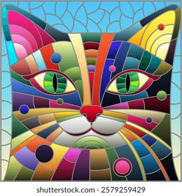 An illustration in the style of a stained glass window with a portrait of a bright abstract cat