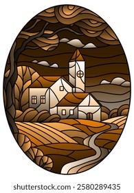 An illustration in the style of a stained glass window with a rural landscape, a house against the background of trees and night sky, tone brown