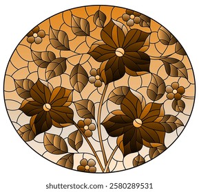 Illustration in the style of a stained glass window with a floral arrangement , oval image,tone brown