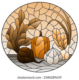 An illustration in the style of a stained glass window with a composition of ripe fresh vegetables on a table , oval image, tone brown