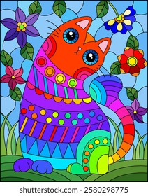 An illustration in the style of a stained glass window with a cute bright cat on the background of fields, flowers and the sky