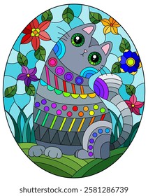 An illustration in the style of a stained glass window with a cute bright cat on the background of fields, flowers and the sky