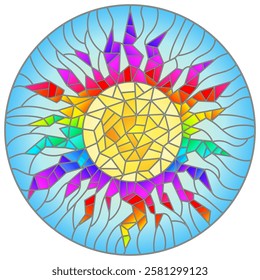 Illustration in the style of a stained glass window abstract cracked  sun against the blue sky, round image 