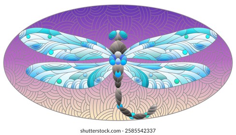 An illustration in the style of a stained glass window with a bright dragonfly on a blue wavy background