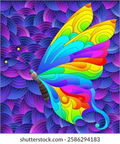 An illustration in the style of a stained glass window with a bright butterfly on a blue wavy background