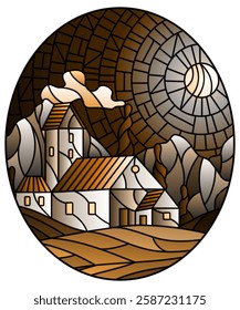 An illustration in the style of a stained glass window with a rural landscape, a house against the background of trees and night sky, tone brown