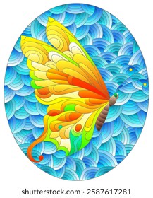 An illustration in the style of a stained glass window with a bright butterfly on a blue wavy background