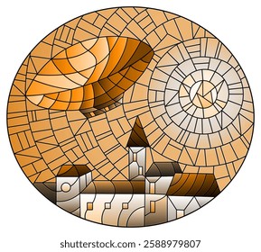 An illustration in the style of a stained glass window with an abstract airship on the background of the sky and the urban landscape, tone brown