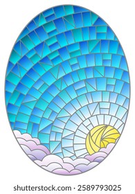 An illustration in the style of a stained glass window with an abstract sky, sun and clouds on a blue background, an oval image