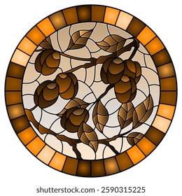 Illustration in the style of a stained glass window with the branches of plum  tree , the  branches, leaves and fruits against the sky, oval image in frame,tone brown