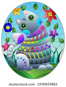 An illustration in the style of a stained glass window with a cute bright cat on the background of fields, flowers and the sky