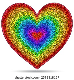 An illustration in the style of a stained glass window with a bright rainbow heart, isolated on a white background