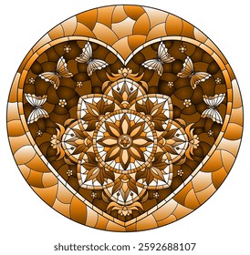 An illustration in the style of a stained glass window with an abstract heart with flowers and butterflies, tone brown