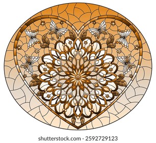 An illustration in the style of a stained glass window with an abstract heart with bright flowers and butterflies, tone brown