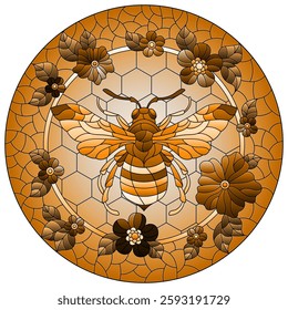 Illustration in the style of a stained glass window with a bee in a circle on a background of honeycombs and flowers, round image, tone brown