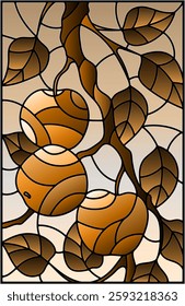 Illustration in the style of a stained glass window with the branches of Apple trees , the fruit branches and leaves against the sky, tone brown