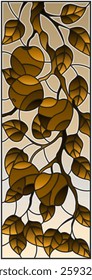 Illustration in the style of a stained glass window with the branches of Apple trees , the fruit branches and leaves against the sky,tone brown