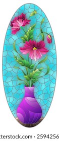 Illustration in the style of a stained glass window with a floral still life, a vase with pink  flowers  on a blue background, oval image 