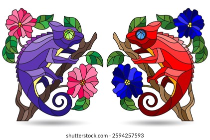 An illustration in the style of a stained glass window with bright chameleons, bright animals isolated on a white background