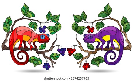 An illustration in the style of a stained glass window with bright chameleons, bright animals isolated on a white background