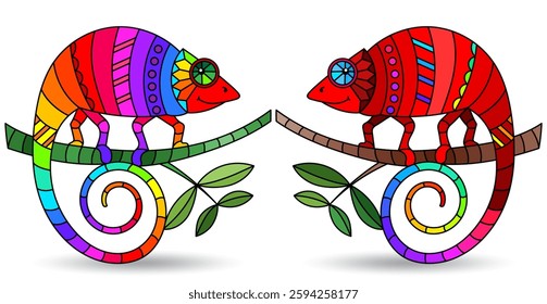 An illustration in the style of a stained glass window with bright chameleons, bright animals isolated on a white background