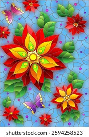 An illustration in the style of a stained glass window with bright red flowers on a blue background, a rectangular image