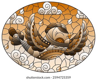 Illustration in the style of a stained glass window with a bird on a background of sky and clouds, oval image, tone brown