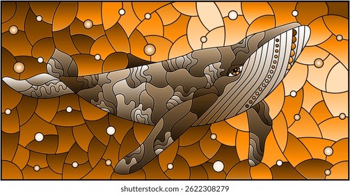 An illustration in the style of a stained glass window with an abstract cat on a background of water and air bubbles, tone brown