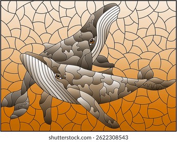 An illustration in the style of a stained glass window with blue whales on a background of water , tone brown