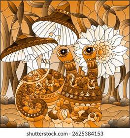 An illustration in the style of a stained glass window with a abstract snail on a background of flowers, herbs and mushrooms, tone brown