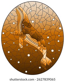 An illustration in the style of a stained glass window with an abstract cat on a background of water and air bubbles, tone brown