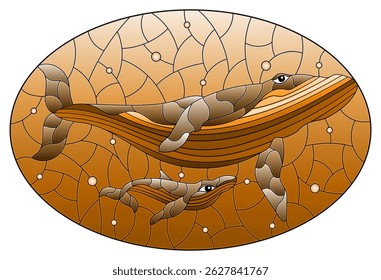 An illustration in the style of a stained glass window with blue whales on a background of water and air bubbles, oval image, tone brown