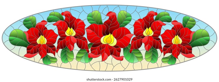 An illustration in the style of a stained glass window with orchid flowers on a blue sky background