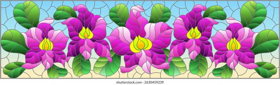 An illustration in the style of a stained glass window with orchid flowers on a blue sky background