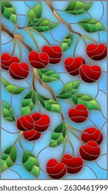 Illustration in the style of a stained glass window with the branches of cherry  tree , the  branches, leaves and berries against the sky