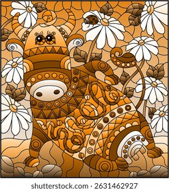 An illustration in the style of a stained glass window with a cute cartoon cow on the background of a meadow, tone brown