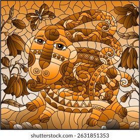 An illustration in the style of a stained glass window with a cute cartoon sheep on the background of a meadow, bell flowers and a sky, tone brown