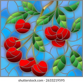 Illustration in the style of a stained glass window with the branches of cherry  tree , the  branches, leaves and berries against the skyy