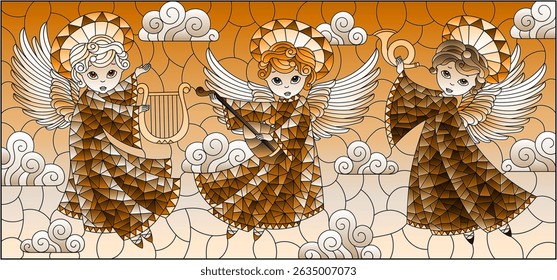 An illustration in the style of a stained glass window with angels with musical instruments on a cloudy sky background, tone brown