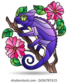 Illustration in the style of a stained glass window with bright chameleon, bright animal isolated on a white background
