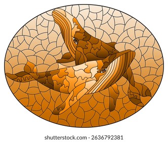An illustration in the style of a stained glass window with blue whales on a background of water, oval image, tone brown