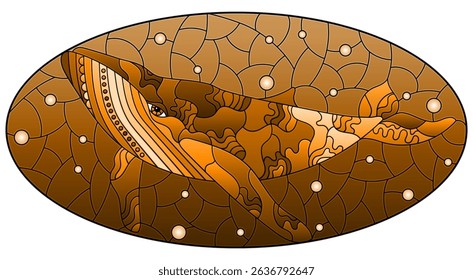 An illustration in the style of a stained glass window with an abstract cat on a background of water and air bubbles, tone brown