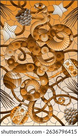 An illustration in the style of a stained glass window with a snake hand on the background of Christmas toys, tone brown