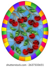 Illustration in the style of a stained glass window with the branches of cherry  tree , the  branches, leaves and berries against the sky, oval image in bright frame