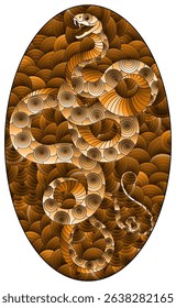 An illustration in the style of a stained glass window with a snake on a wavy background , tone brown