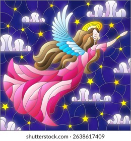 An illustration in the style of a stained glass window with an angel girl in a pink dress on the background of a starry night sky