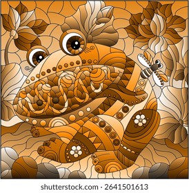 An illustration in the style of a stained glass window with a bright cartoon frog on a stone against a background of lotus, tone brown